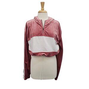Cropped Velvet Hoodie Pink White Drawstring Pullover Zip 1X Y2K Athleisure